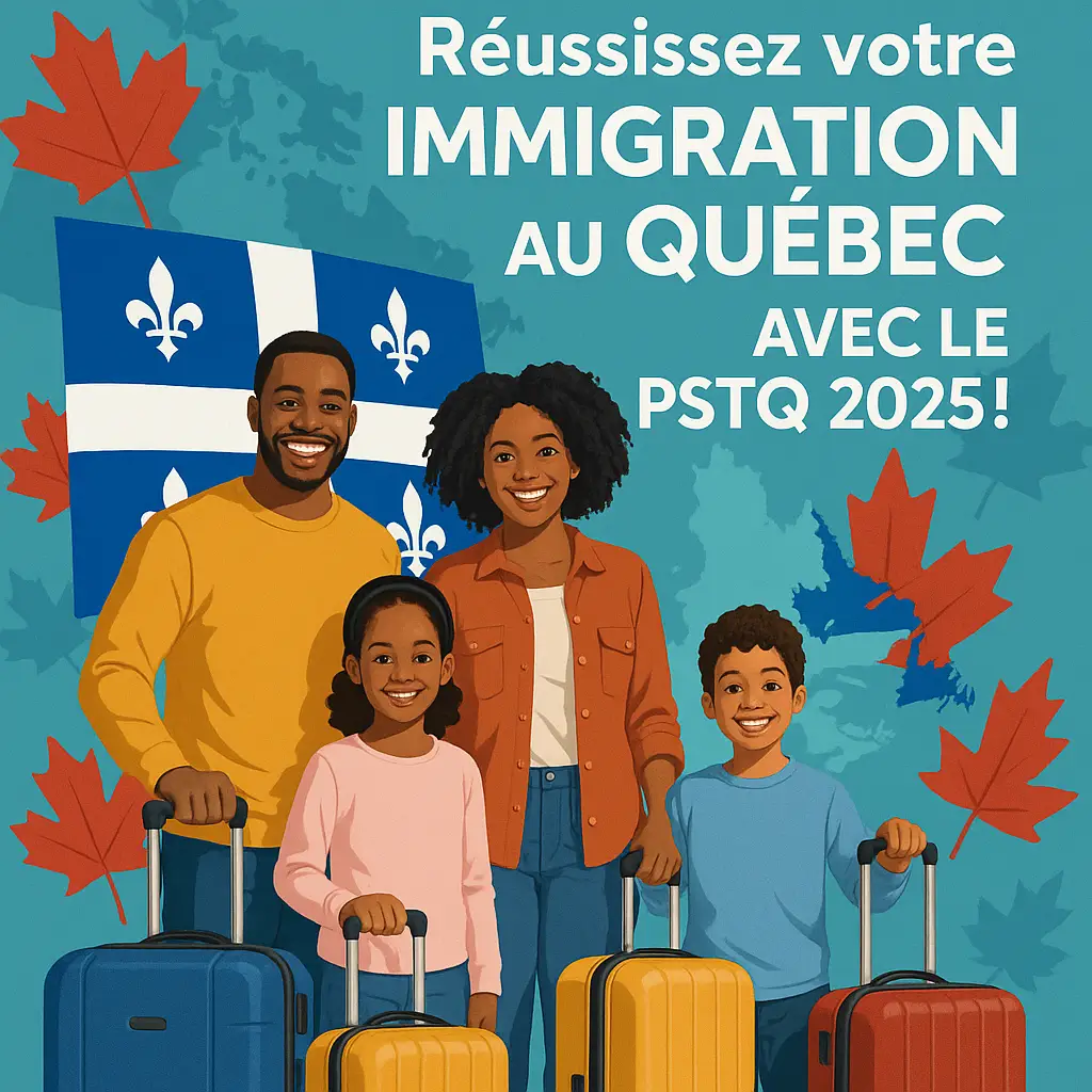 Famille diverse et souriante avec des valises devant le drapeau du Québec, symbolisant l'immigration réussie grâce au PSTQ 2025